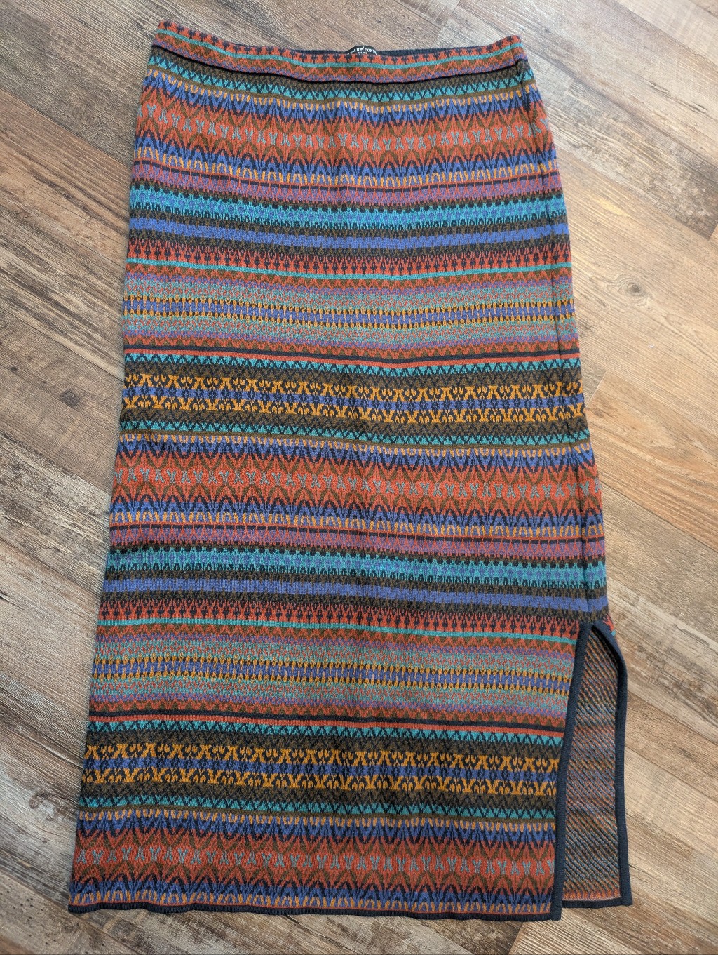 Peruvian Connection Jacquard Knit Midi Skirt W/ Slit Colorful Pima Cotton Sz M